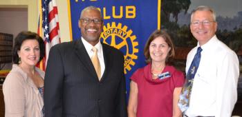 In town for Rice Festival preparations, Southern University Director of Bands Lawrence Jackson, second from left, also spoke to the Rotary Club of Crowley reflecting on his upbringing in the city as well as his excitement over the band’s appearance at the Rice Festival. Welcoming him Tuesday were, from left, Rotarians Romona Credeur, 77th International Rice Festival president; Mary Zaunbrecher, Rotary president-elect; and Gene Williams Rice Festival general chairman.