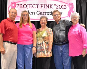 Family members of the late Helen Blue Garrett, 2013 honoree, in attendance for the 16th Annual Project Pink Breast Cancer Awareness event were, from left, son Tommy Garrett, daughter-in-law Stephanie Garrett, daughter Jearayne Mehal, son-in-law Cy Mehal, and Chairperson Theresa Prather. 
