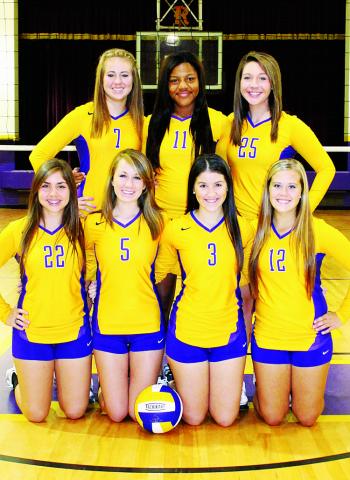 Senior members of the Lady Wolves’ volleyball season leading Rayne High are, first row, from left, Mary Peltier, Sidney Fontenot, Mia Guidry, Haley Comeaux; standing, Taylor Arceneaux, Ni’esha Domingue and Abbie Duhon. 