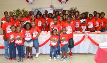 JOINED BY FAMILY FOR 100TH BIRTHDAY - Children, grandchildren, great and great-great-grandchildren of Mrs. Beatrice Nixon join the birthday honoree in celebration of her 100th birthday. A birthday party was held Sunday, Sept. 29, at the Rayne Civic Center Mural Room. 