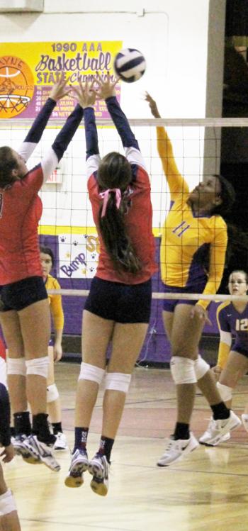Lady Wolf Niesha Domingue put down a spike during Rayne High’s win over North Vermilion. 